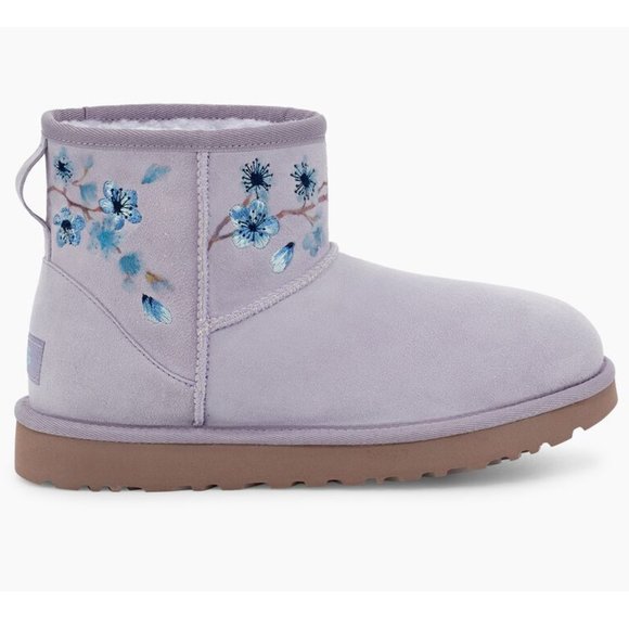 NEW UGG CLASSIC MINI Suede  Embroidered Floral Boots - Picture 1 of 14